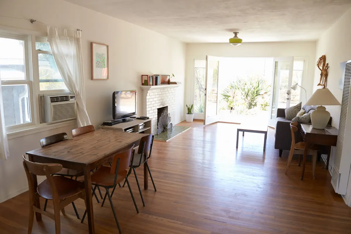 interior of california den and dining room