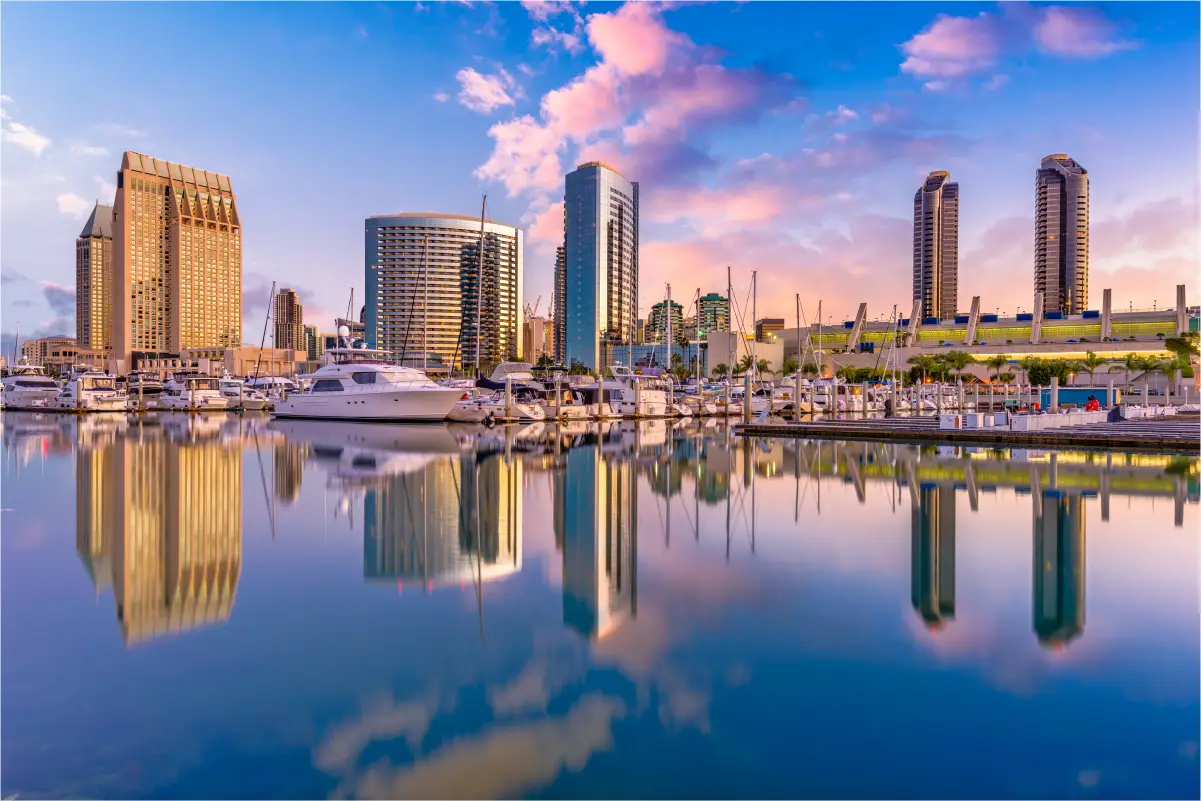 a city skyline with a boat