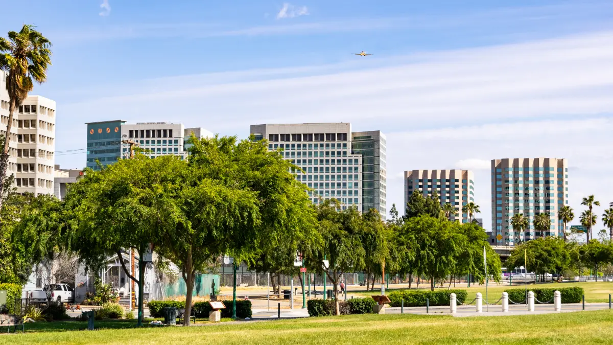 a park with trees and buildings in the background